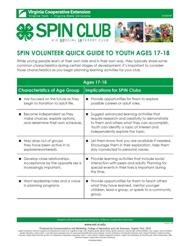 Cover of SPIN Volunteer Quick Guide to Youth Ages 17-18