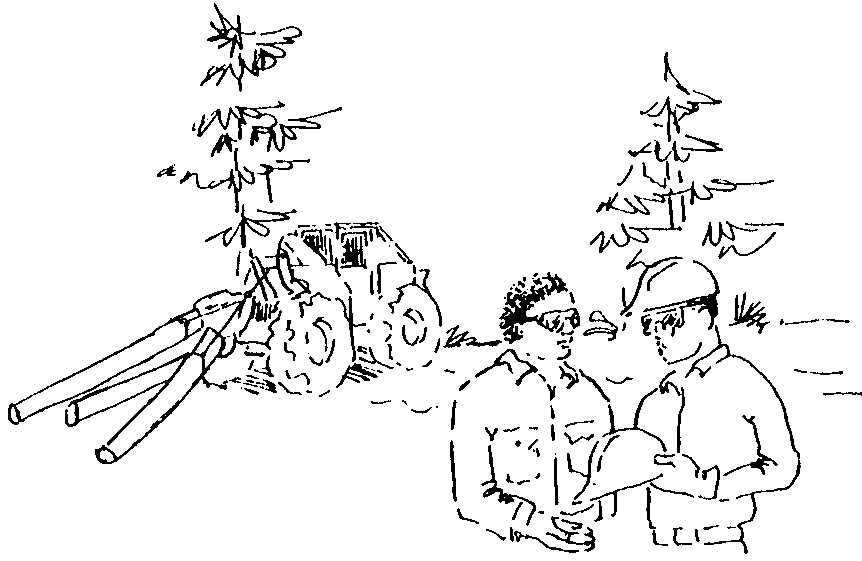 an illustration of two people talking in the woods