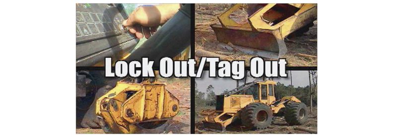 four photos of a skidder with look-out/tag out text in the middle