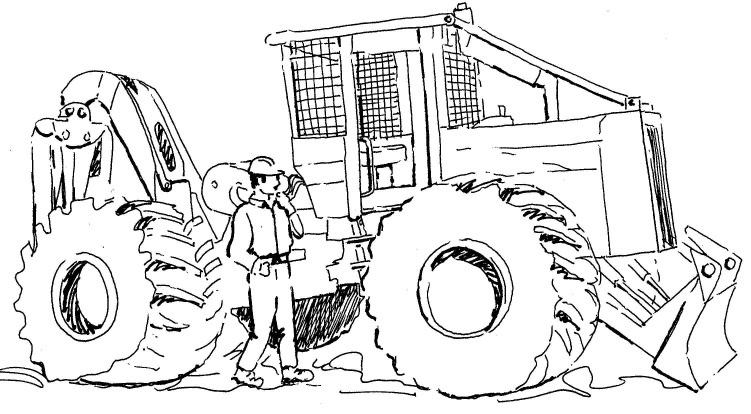 an illustration of a person inspecting a skidder