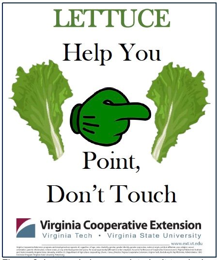 This is a sign with a picture of lettuce leaves and a hand pointing with words stating, "Lettuce help you" and "Point, Don't Touch."