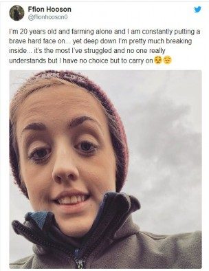 A screenshot of a social media post of a 20 year old female farmer.
