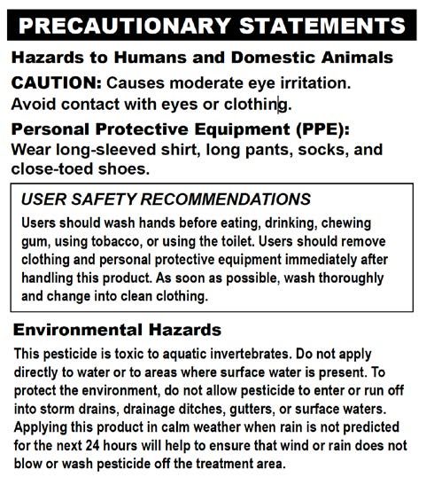 This image shows an example of precautionary statements you would find on an EPA registered pesticide product label. The precautionary statements section lists hazards to humans and domestic animals, and how to reduce exposure to these hazards. It also lists environmental hazards and ways to protect the environment.
