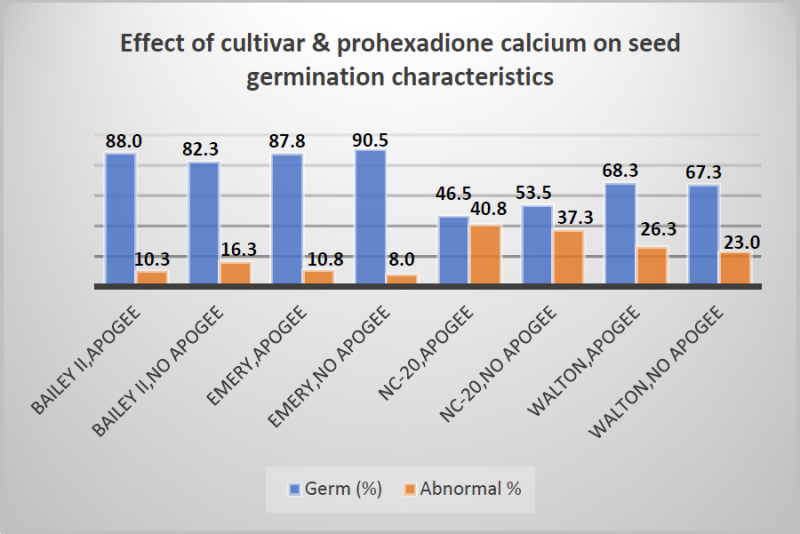Figure 8. Interaction of cultivar and prohexadione calcium effect on germinated and abnormal peanut seedlings.