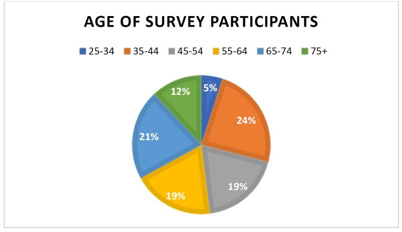 pie chart with 6 blue, green, orange, yellow, and grey sections outlining the percentage of age groups that participated in survey.