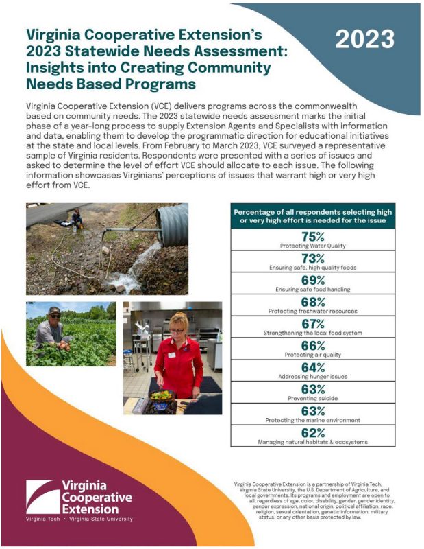 A picture of Virginia Cooperative Extension 2023 statewide needs assessment. Infographic with several pictures and statistics.