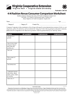 Cover, 4-H Fashion Revue Consumer Comparison Worksheet