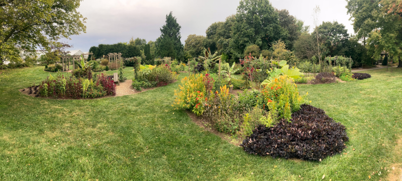 A wide-scale photo of drop-shaped garden beds nestled into neat, green grass. Garden beds are filled with flowers and have tall trellises covered in vines.