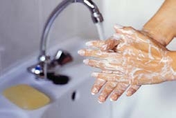 Someone washing their hands with soap and water.