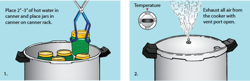 Illustrations of step-bystep pressure canning. Step 1. Place 2" -3" of hot water in canner and place jars in canner on canner rack. Step 2. Exhaust all air from the cooker with vent port open