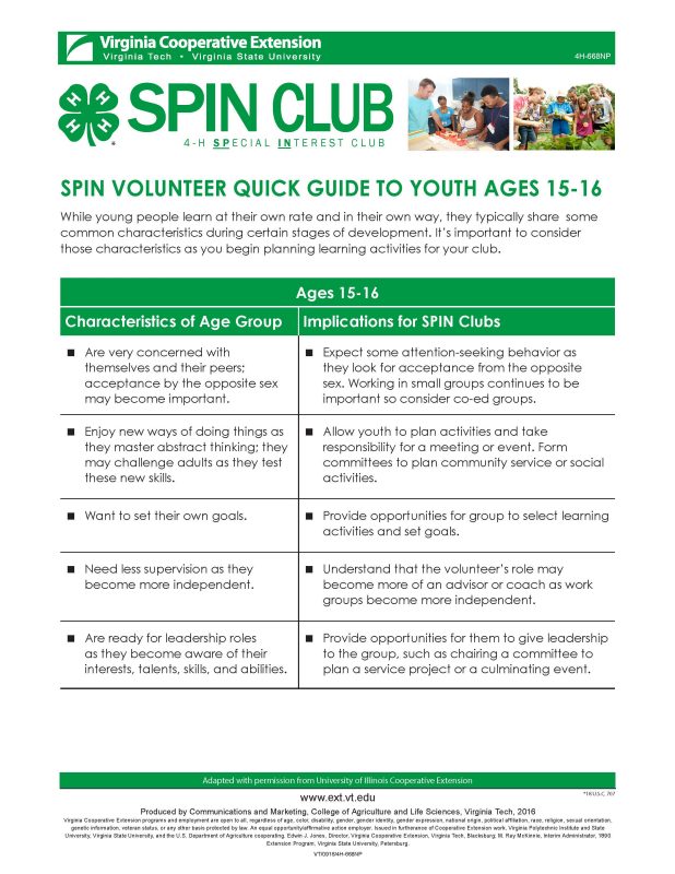 Cover of SPIN Volunteer Quick Guide to Youth Ages 15-16