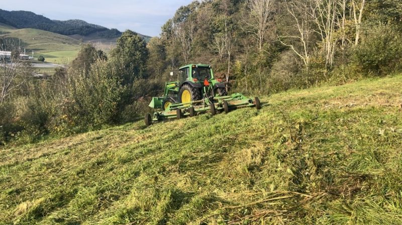 A green tractor mowing tall grass and weeds in a hillside pasture, with trees and rolling hills in the background.