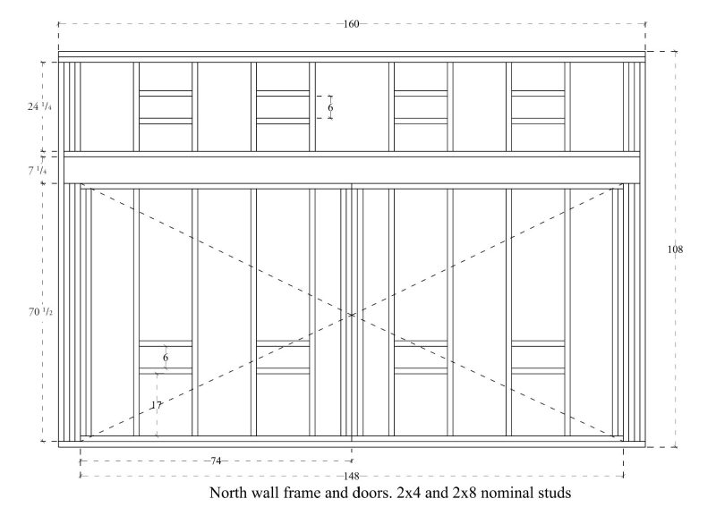 North wall frame and doors. 2x4 and 2x8 nominal studs