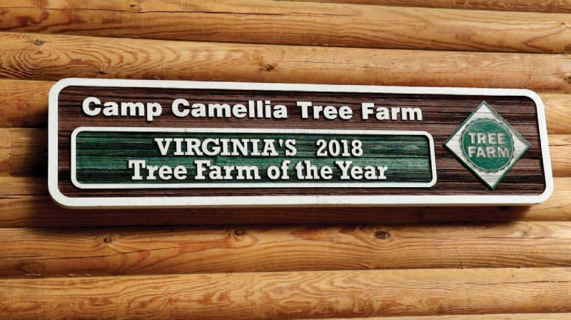 Close up of the side of a log cabin with a wooden sign that says “Camp Camellia Tree Farm Virginia’s 2018 Tree Farm of the Year" and the green square Tree Farm logo.