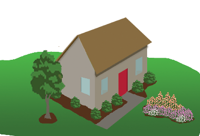 A 3D model of a house with adjoining plants, a sophisticated plant island and a tree in the lawn