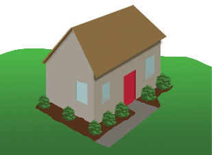 A 3D model of a house with adjoining plants