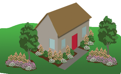 A 3D model of a house with assorted adjoining plants, two sophisticated plant islands and two trees in the lawn