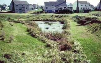 a photo of an extended detention pond with houses on the back
