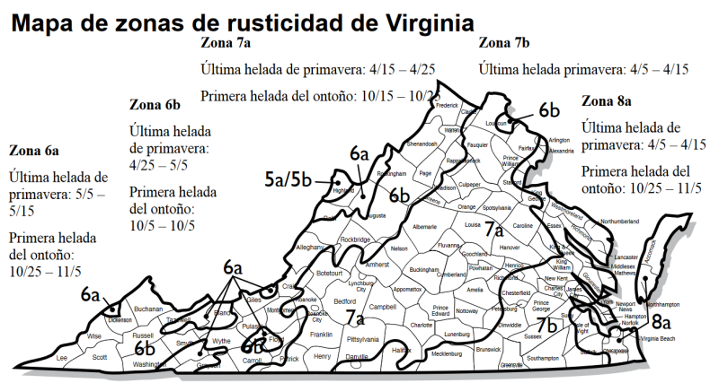 A map of virginia divided into several sectors based on when to plant with regards to frost and other climate factors.
