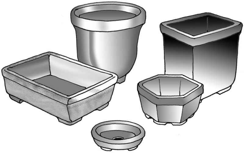 Illustration of pots in different shape, such as round, oval, square, rectangular or hexagonal