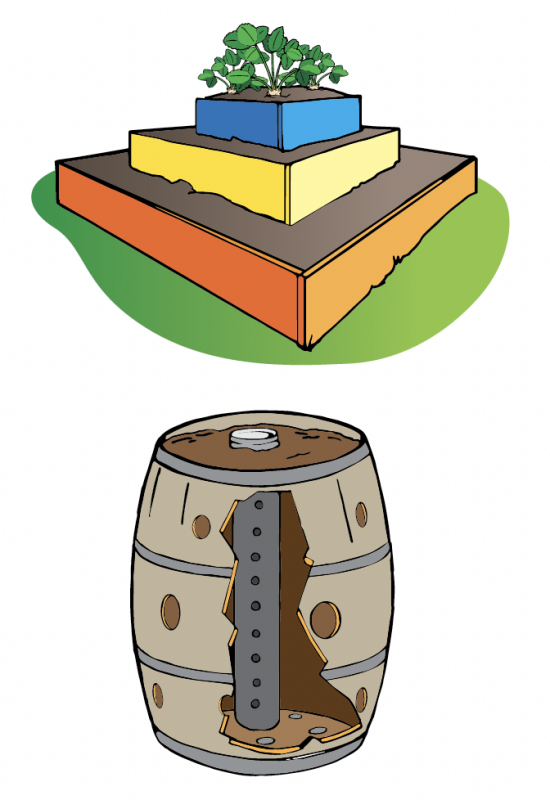 A pyramid with blue, orange, and yellow layers with a plant on top and a large brown barrel