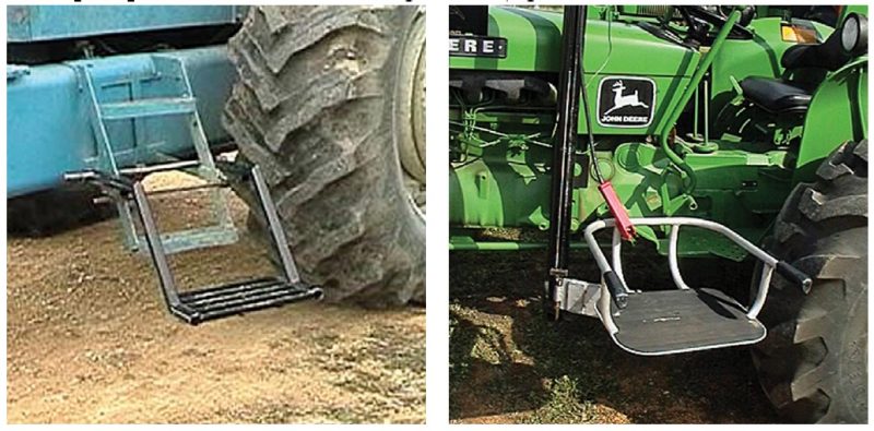 Two images, the left a set of added steps to atractor, the right a green tractor with a chair lift.