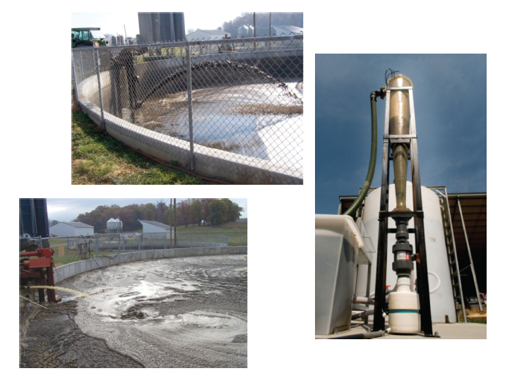 three photos showing Chemical application to manure in storage tanks