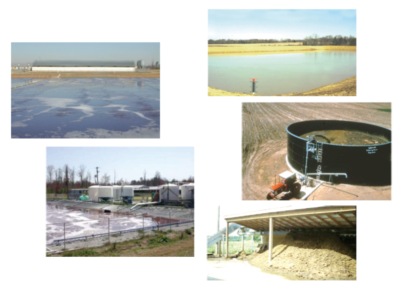 five photos of Manure-treatment showing aerated ponds, lagoons, manure storage tanks, and solid-manure storage structure.