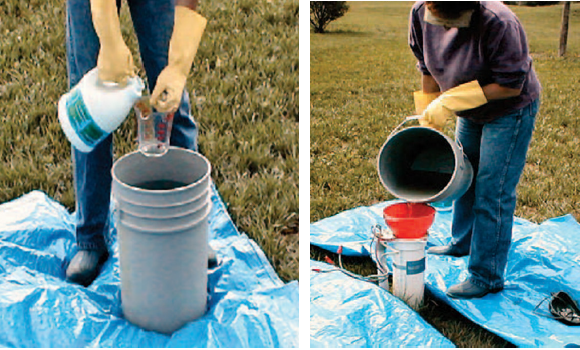 Two photos of a person mixing and pouring the chlorine solution into the well.