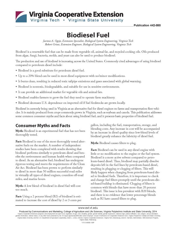 Biodiesel Fuel | VCE Publications | Virginia Tech