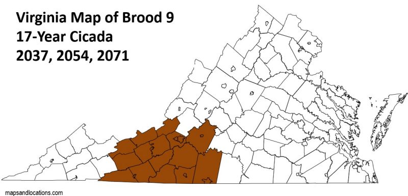 Figure 9, A map of Virginia highlighting the expected emergence of Brood 9 periodical cicadas in the Blue Ridge Highlands of Virginia in 2037, 2054, and 2071.