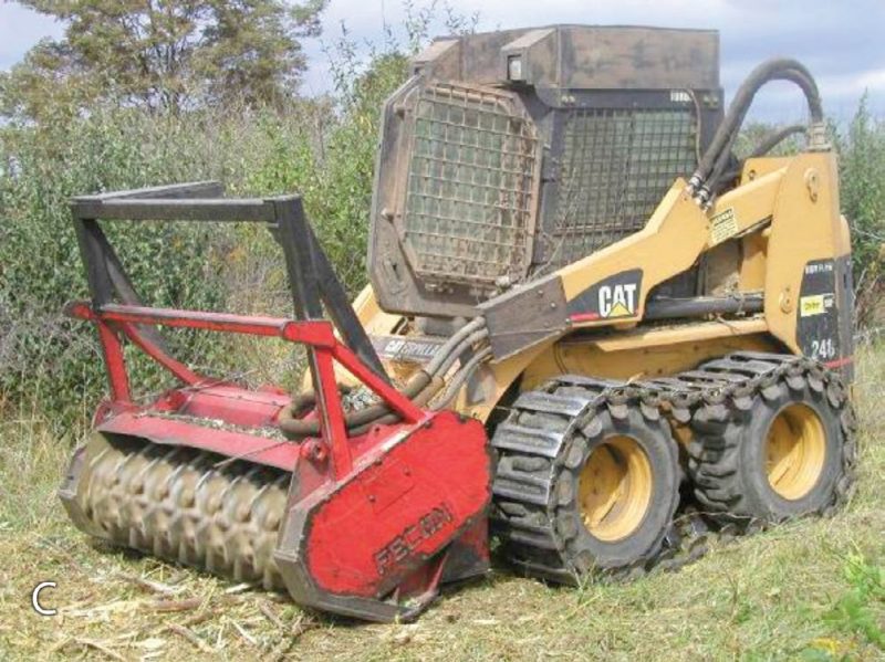 Equipment that can be used for site clearing operations: (a, upper left) a “KG-style” shearing blade, attached to a dozer, for shearing dense woody vegetation at ground level; (b, lower left) a brush-rake, also attached to a dozer, for grubbing roots and moving and piling sheared vegetation with low disturbance of surface soils; and (c, upper right) a tree shredder, attached to a skid-steer tractor, for grinding and shredding both above-ground and below-ground stumps and roots, an operation that can prevent much of the vigorous re-sprouting that will occur if only woody tops are removed.