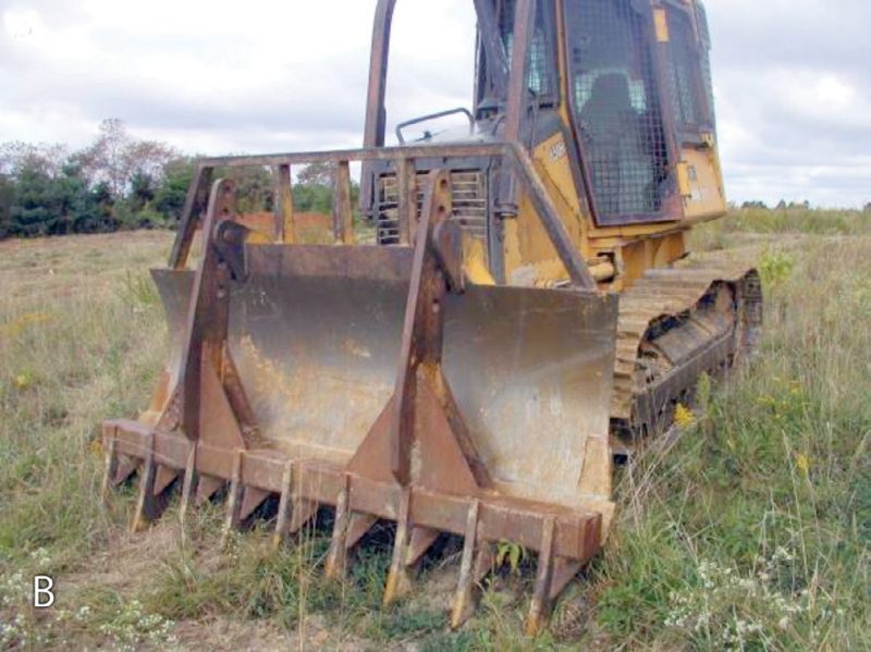 Equipment that can be used for site clearing operations: (a, upper left) a “KG-style” shearing blade, attached to a dozer, for shearing dense woody vegetation at ground level; (b, lower left) a brush-rake, also attached to a dozer, for grubbing roots and moving and piling sheared vegetation with low disturbance of surface soils; and (c, upper right) a tree shredder, attached to a skid-steer tractor, for grinding and shredding both above-ground and below-ground stumps and roots, an operation that can prevent much of the vigorous re-sprouting that will occur if only woody tops are removed.