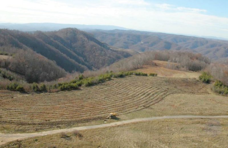 Figure 10. An aerial view of a former mine site being prepared for reforestation. Woody vegetation was removed and herbaceous vegetation was herbicided prior to the deep-tillage operation shown by the photo. Photo by Richard Davis, Virginia Department of Mines, Minerals and Energy.