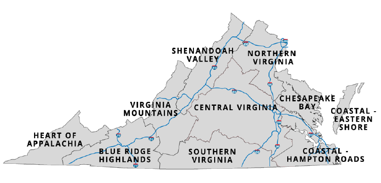 Virginia map with TOURISM REGIONS