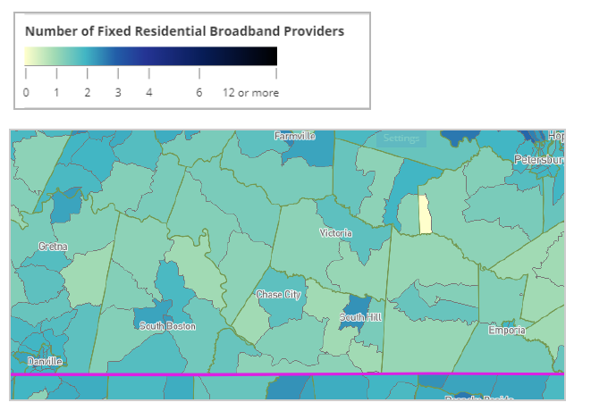 a map showing Broadband internet providers in Southside Virginia