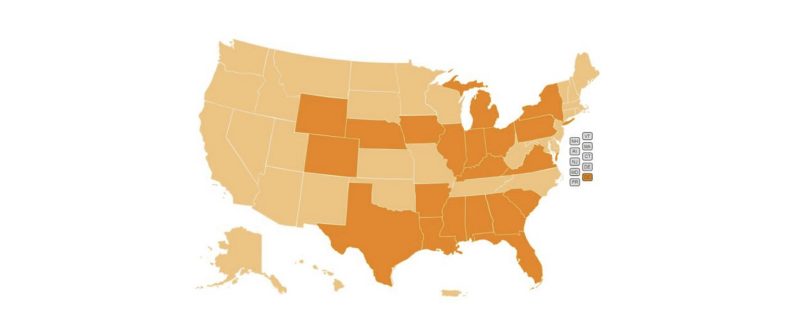 A map of the United States with the Market Maker states highlighted. Wyoming, Colorado, Nebraska, Iowa, Illinois, Michigan, Indiana, Ohio, Kentucky, Virginia, Texas, Lousania, Arkansas, Mississippi, Alabama, Floria, Georgia, South Carolina Pennsylvania, and New York.