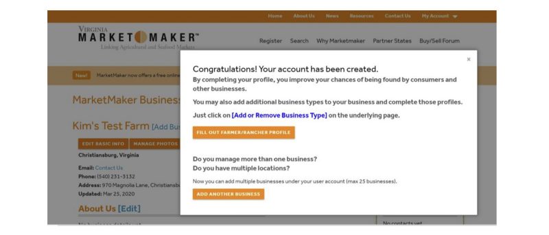 A screen shot of the Market Maker final page with congratulations and links to add armer/rancher profile information and to add another business.