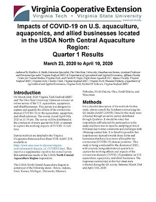 Cover for publication: Impacts of COVID-19 on U.S. aquaculture, aquaponics, and allied businesses located in the USDA North Central Aquaculture Region