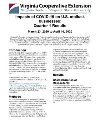Cover for publication: Impacts of COVID-19 on U.S. mollusk businesses: Quarter 1 Results March 23, 2020 to April 10, 2020