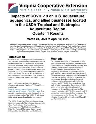 Cover for publication: Impacts of COVID-19 on U.S. aquaculture, aquaponics, and allied businesses located in the USDA Tropical and Subtropical Aquaculture Region: Quarter 1 Results March 23, 2020 to April 10, 2020