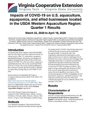 Cover for publication: Impacts of COVID-19 on U.S. aquaculture, aquaponics, and allied businesses in the USDA Western Aquaculture Region: Q1 Results