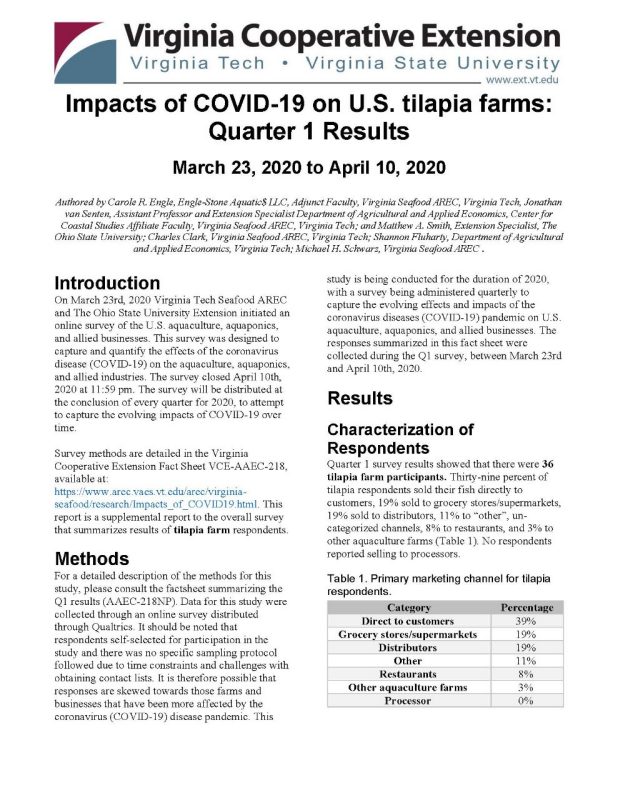 Cover for publication: Impacts of COVID-19 on U.S. tilapia farms: Quarter 1 Results