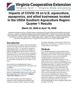 Cover for publication: Impacts of COVID-19 on U.S. aquaculture, aquaponics, and allied businesses: Quarter 1 Results March 23, 2020 to April 10, 2020