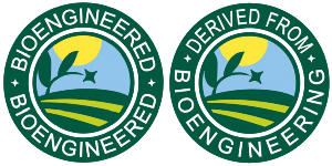 Left: Circular symbol containing the word "bioengineered" above and below a stylized image of a crop, a field, and the sun.; Right: Circular symbol containing the words "derived from bioengineering" above and below a stylized image of a crop, a field, and the sun.