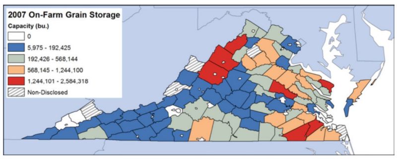 Map of Virginia on-farm storage capacity by county.