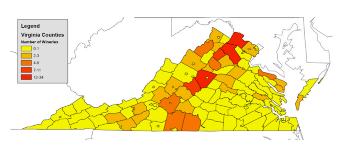 Virginia map illustrating wineries, categorized by varying shades of yellow, orange, and red to represent different levels of density.