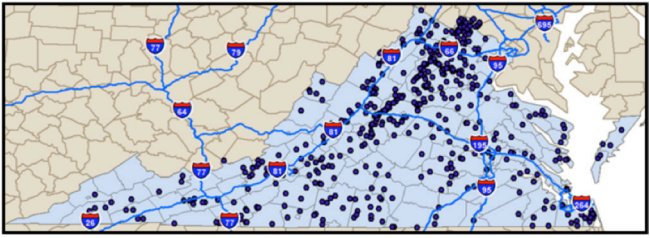 Virginia map illustrating major interstate highways