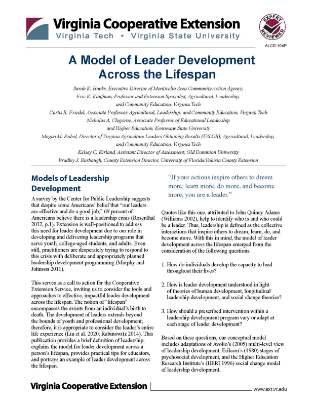 Cover for publication: A Model of Leader Development Across the Lifespan