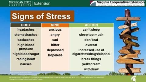 A list of the signs of stress. Body - headaches, stomachaches, Backaches, High blood pressure, High blood sugar, racing heart, Nausea. Mind - anxious, angry, sad, bitter, depressed, hopeless. Action - can't slep, sleep too much, don;t eat, overeat, increased use of cigarettes/drugs/alcohol, break things, yells/screams. withdraw.